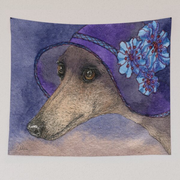 Item preview, Whippet of Mystery, Greyhound dog in fabulous hat with blue flowers designed and sold by SusanAlisonArt.