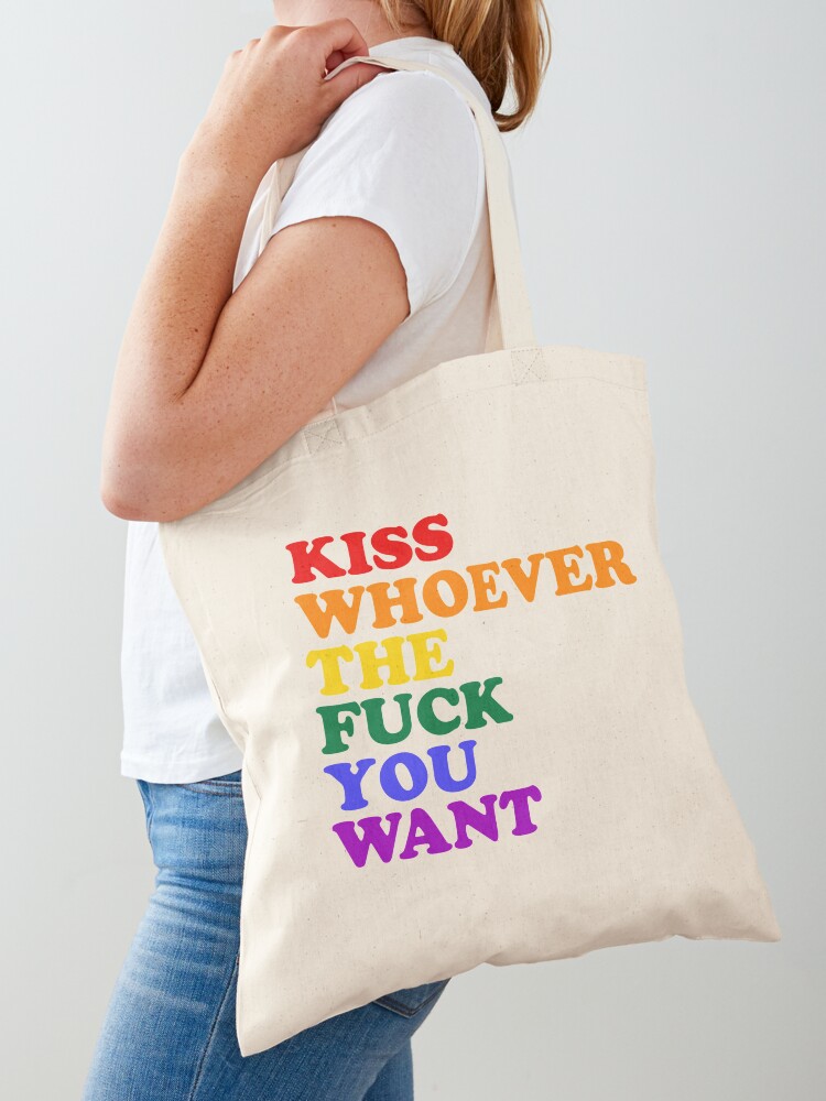 Kiss Whoever You Want Gay Pride Tote Bag, Queer Rainbow Flag Tote