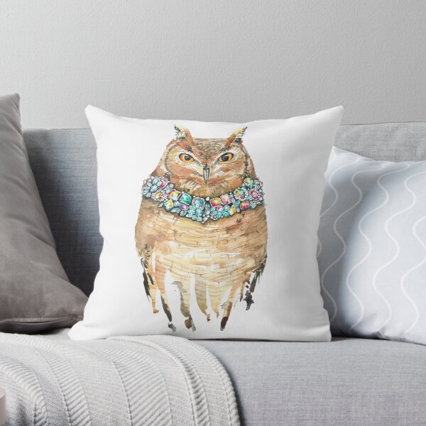 Watercolor Glamour Owl Wearing diamonds Throw Pillow