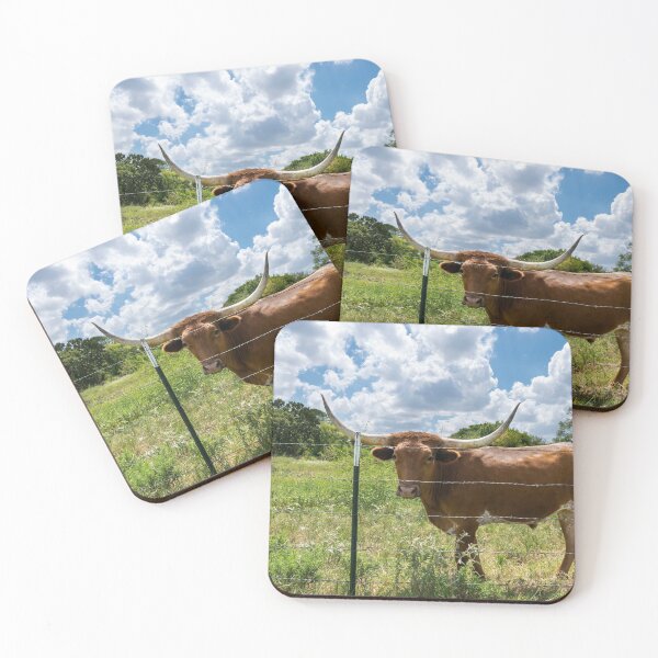 Item preview, Brown Longhorn cow behind fence with cloudy sky designed and sold by Stretch Clendennen.