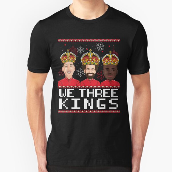 Ugly Christmas Sweater 'We Three Kings' Liverpool Football, Bobby Firmino, Mo Salah & Sado Mane. Slim Fit T-Shirt