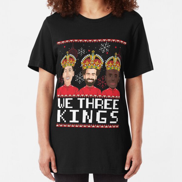 Ugly Christmas Sweater 'We Three Kings' Liverpool Football, Bobby Firmino, Mo Salah & Sado Mane. Slim Fit T-Shirt