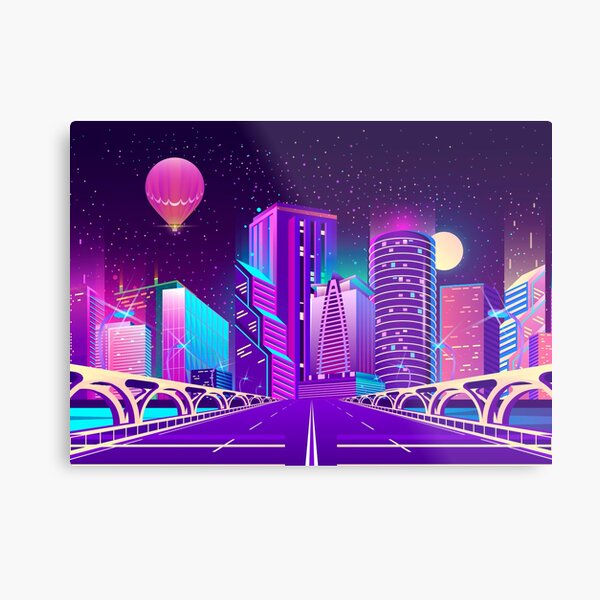 Synthwave Neon City Metal Print
