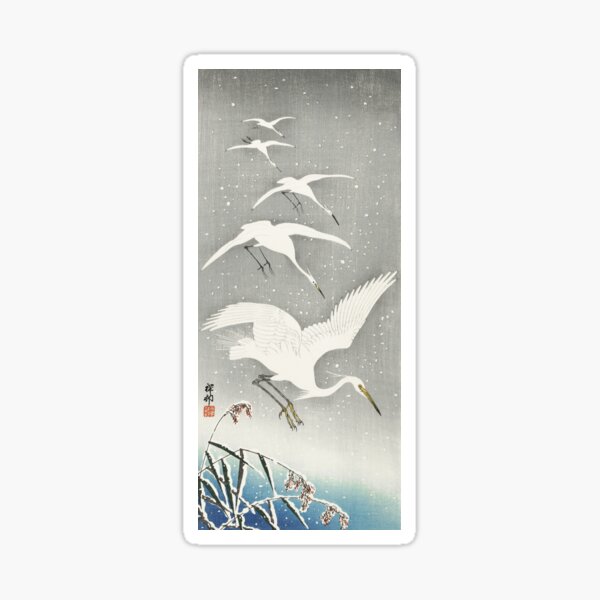 Descending egrets in snow Sticker