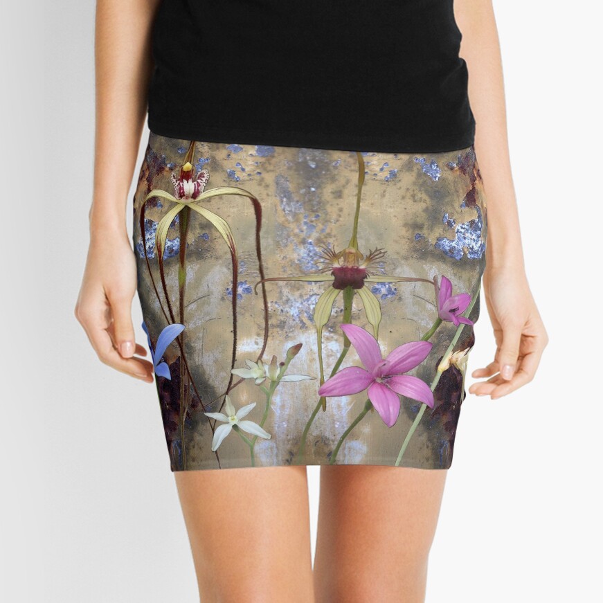 Silky Blue & Orchids with Blue Rusty Metal, native orchids of Western Australia. Mini Skirt