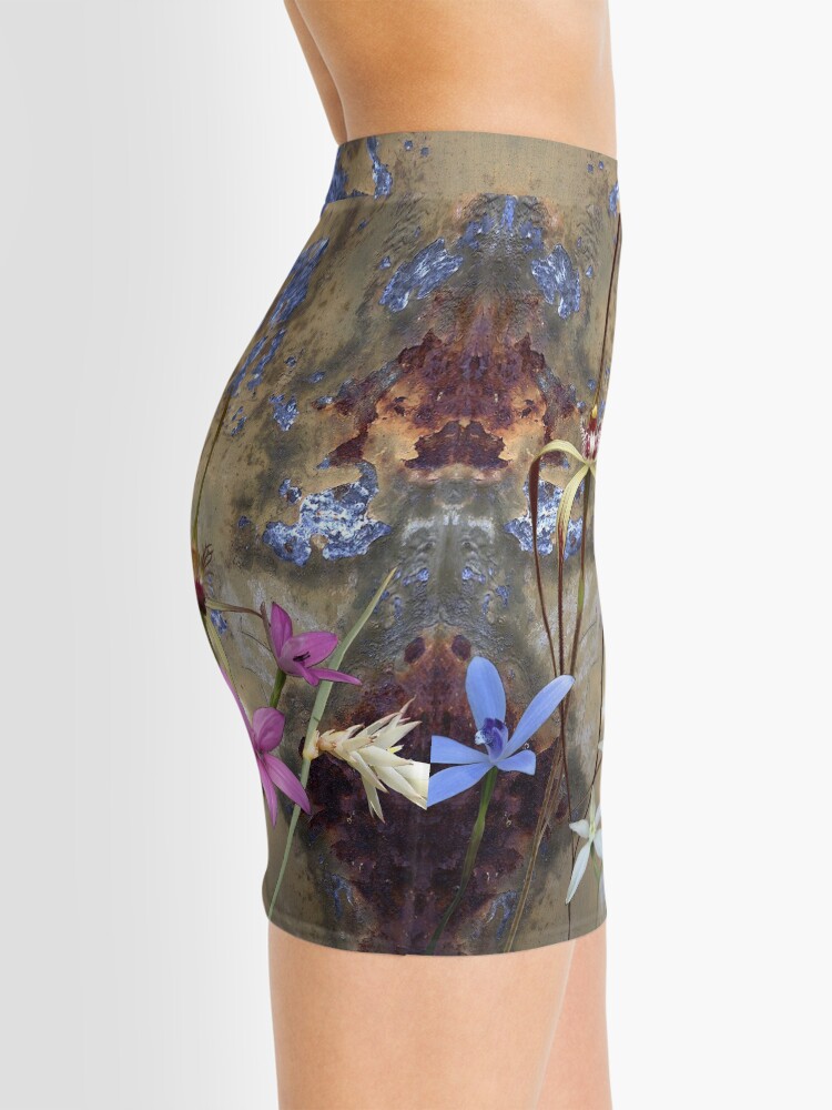 Alternate view of Silky Blue & Orchids with Blue Rusty Metal, native orchids of Western Australia. Mini Skirt