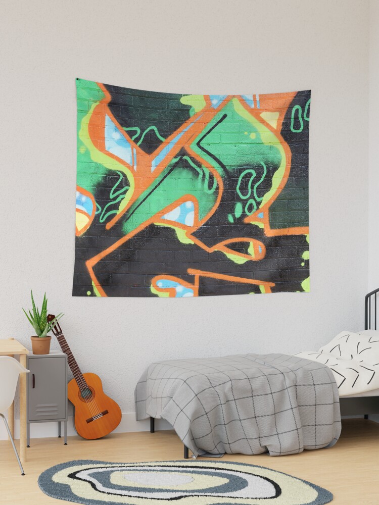 Graffiti lime green orange yellow and black masculine abstract pattern Tapestry