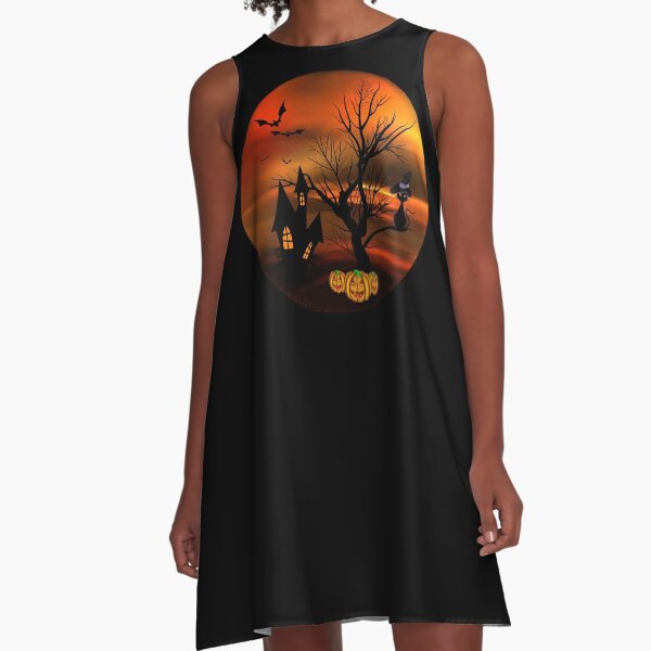 Halloween Katze mit Zauberhut in einem blattlosen Baum, leuchtende Kürbisse, Fledermäuse und eine alte Villa A-Linien Kleid