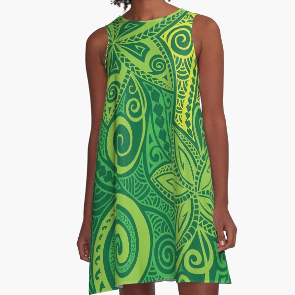 Shades of green Polynesian floral design A-Line Dress