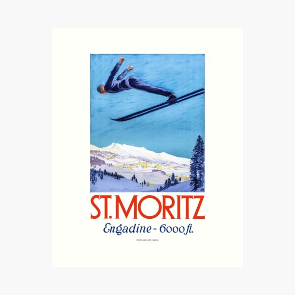 Item preview, 1928 St. Moritz Ski Jumper Switzerland Travel Poster designed and sold by retrographics.