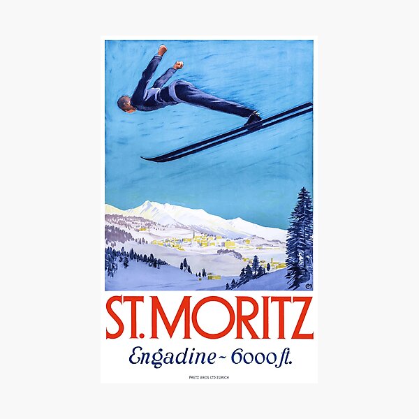 Item preview, 1928 St. Moritz Ski Jumper Switzerland Travel Poster designed and sold by retrographics.