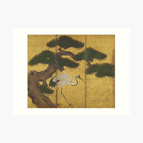 Japanese Red Crowned Crane Edo Jidai Gold Leaf Folding Screen Art Print
