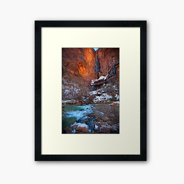Waterfall at the Temple of Sinawava, Winter Framed Art Print