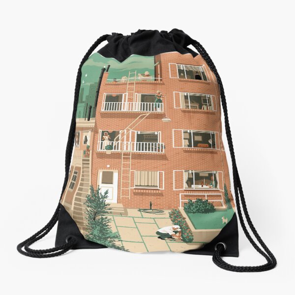 Travel Posters - Hitchcock's Rear Window - Greenwitch Village New York Drawstring Bag