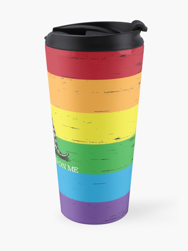 Alternate view of Gadsden flag LGBT Don't tread on me Libertarian 2nd amendment 2A rainbow flag ANCAP with rainbow flag grunge Travel Mug