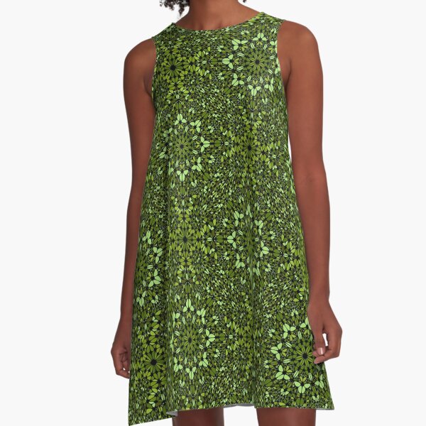 Detailed Green Geometric Mandala Design A-Line Dress