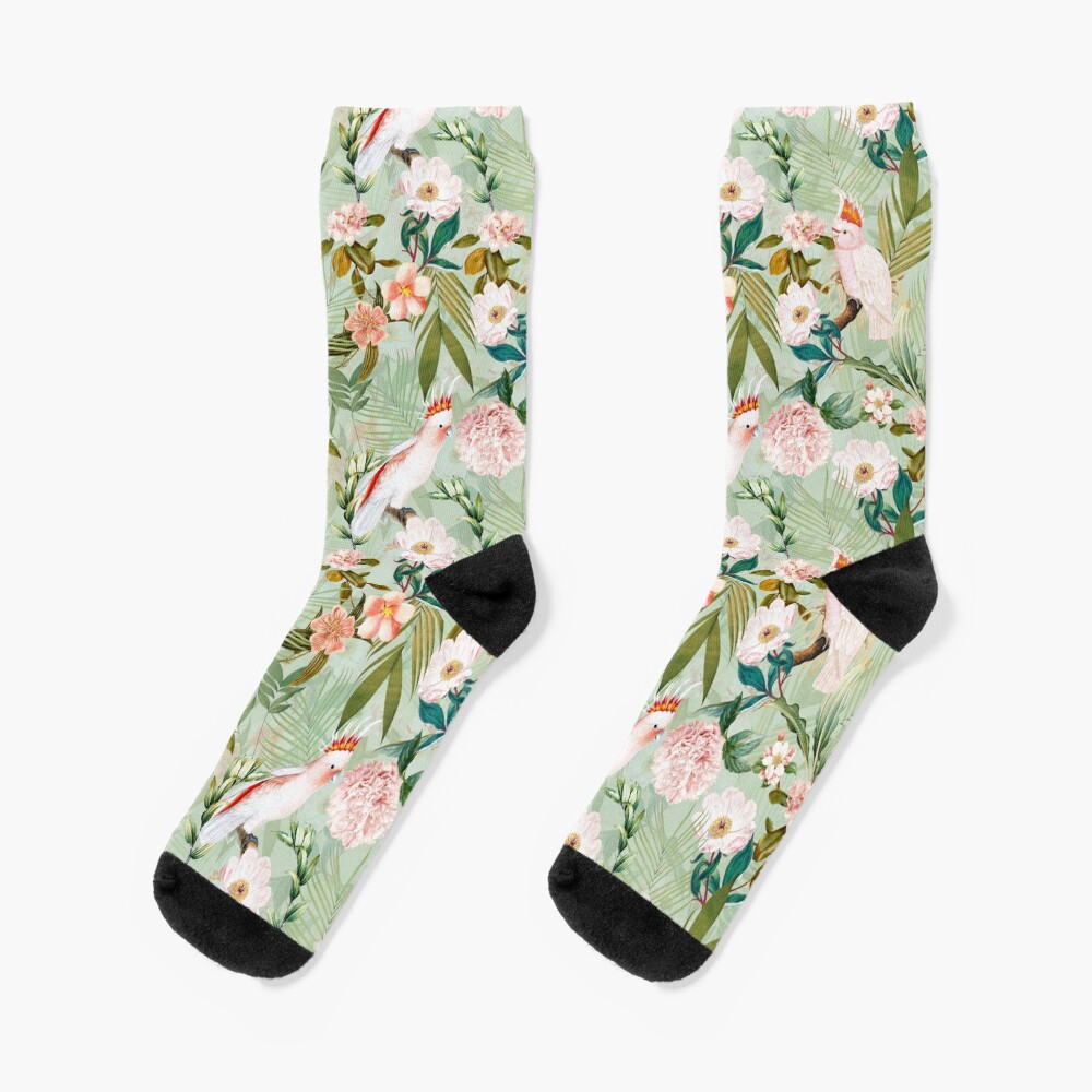 Tropical cockatoo and jungle pattern - mint Socks