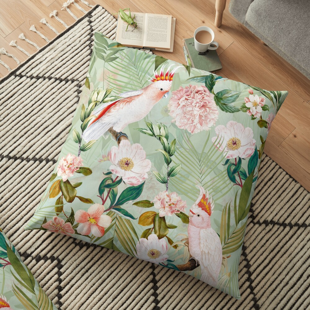 Tropical cockatoo and jungle pattern - mint Floor Pillow