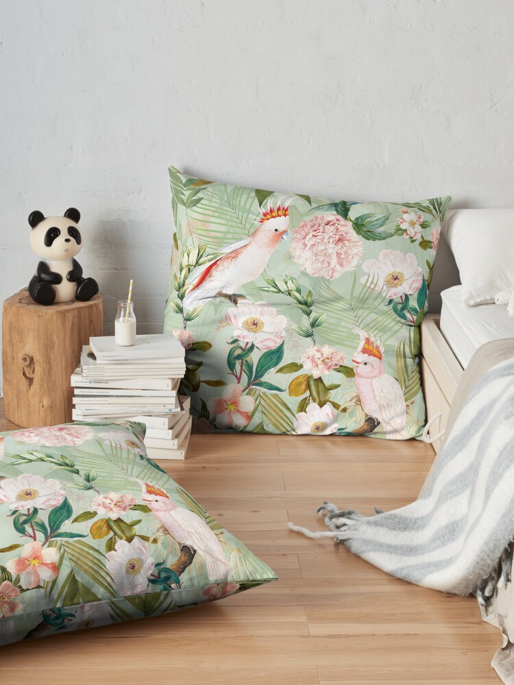 Alternate view of Tropical cockatoo and jungle pattern - mint Floor Pillow