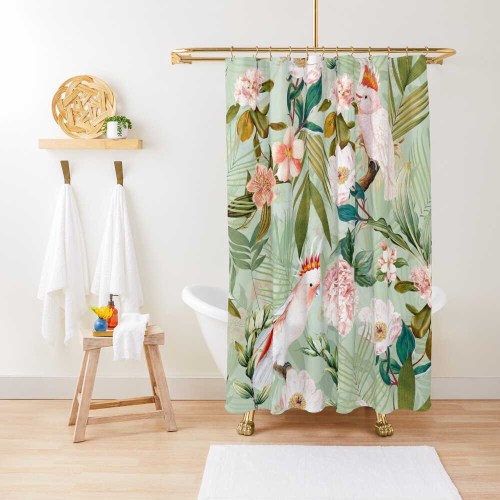 Tropical cockatoo and jungle pattern - mint Shower Curtain