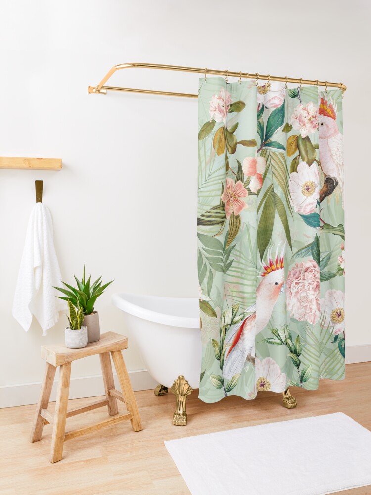 Alternate view of Tropical cockatoo and jungle pattern - mint Shower Curtain