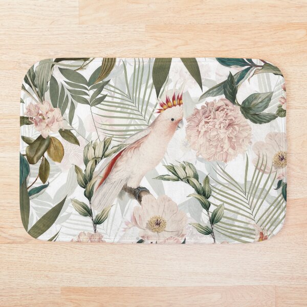 Tropical cockatoo and jungle pattern - white Bath Mat