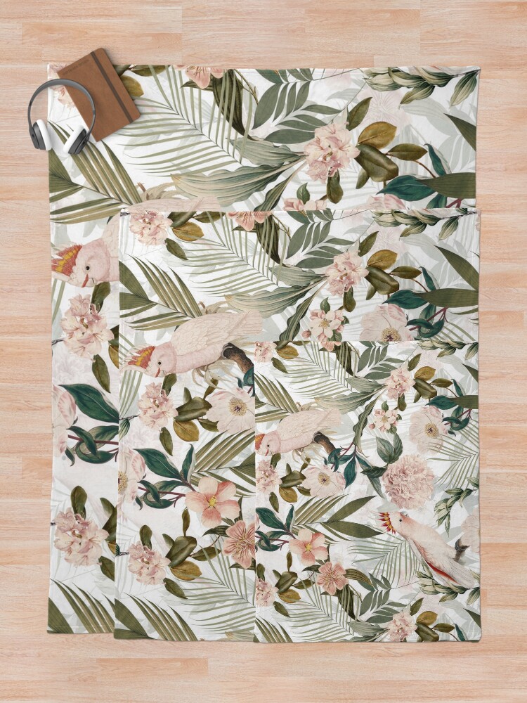 Alternate view of Tropical cockatoo and jungle pattern - white Throw Blanket