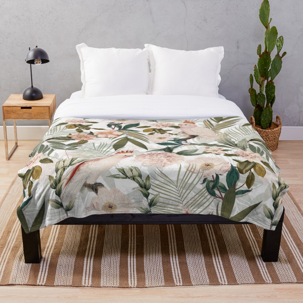 Tropical cockatoo and jungle pattern - white Throw Blanket