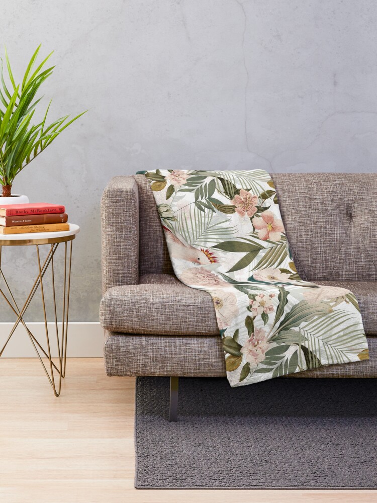 Alternate view of Tropical cockatoo and jungle pattern - white Throw Blanket