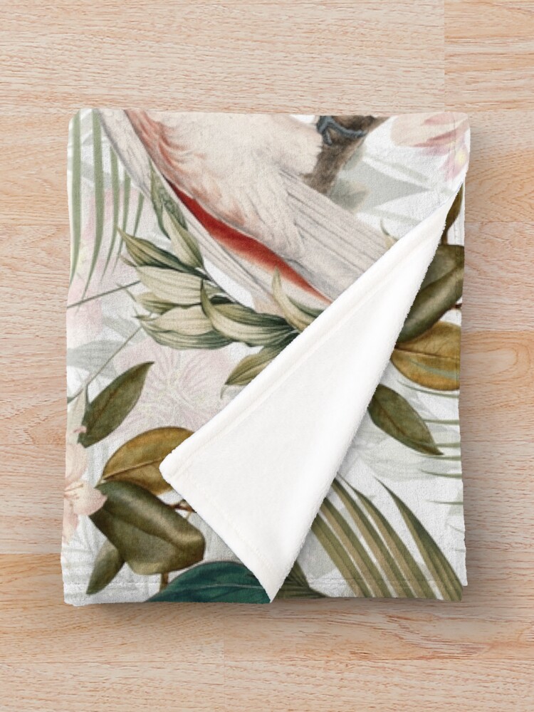 Alternate view of Tropical cockatoo and jungle pattern - white Throw Blanket