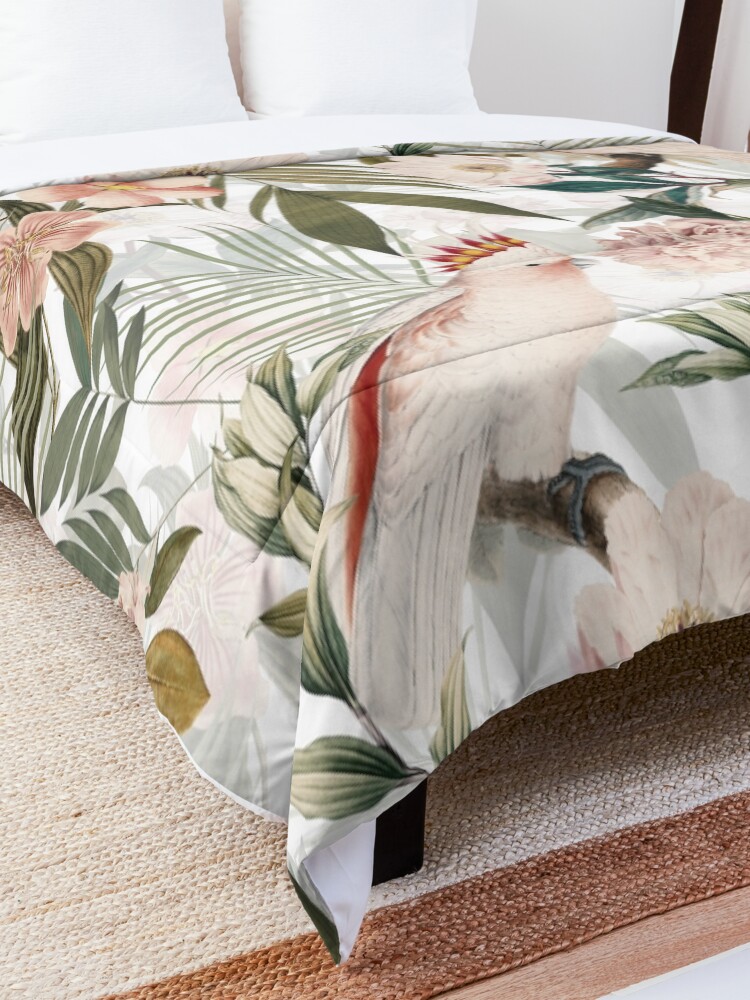 Alternate view of Tropical cockatoo and jungle pattern - white Comforter