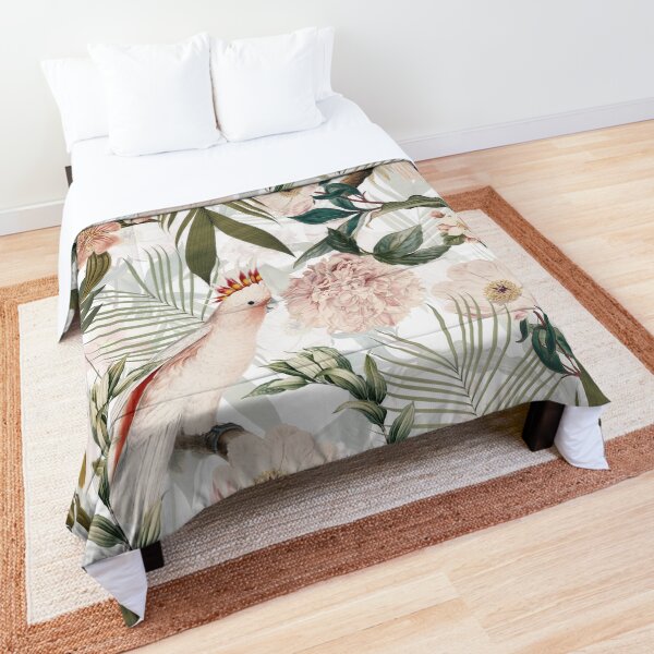 Tropical cockatoo and jungle pattern - white Comforter