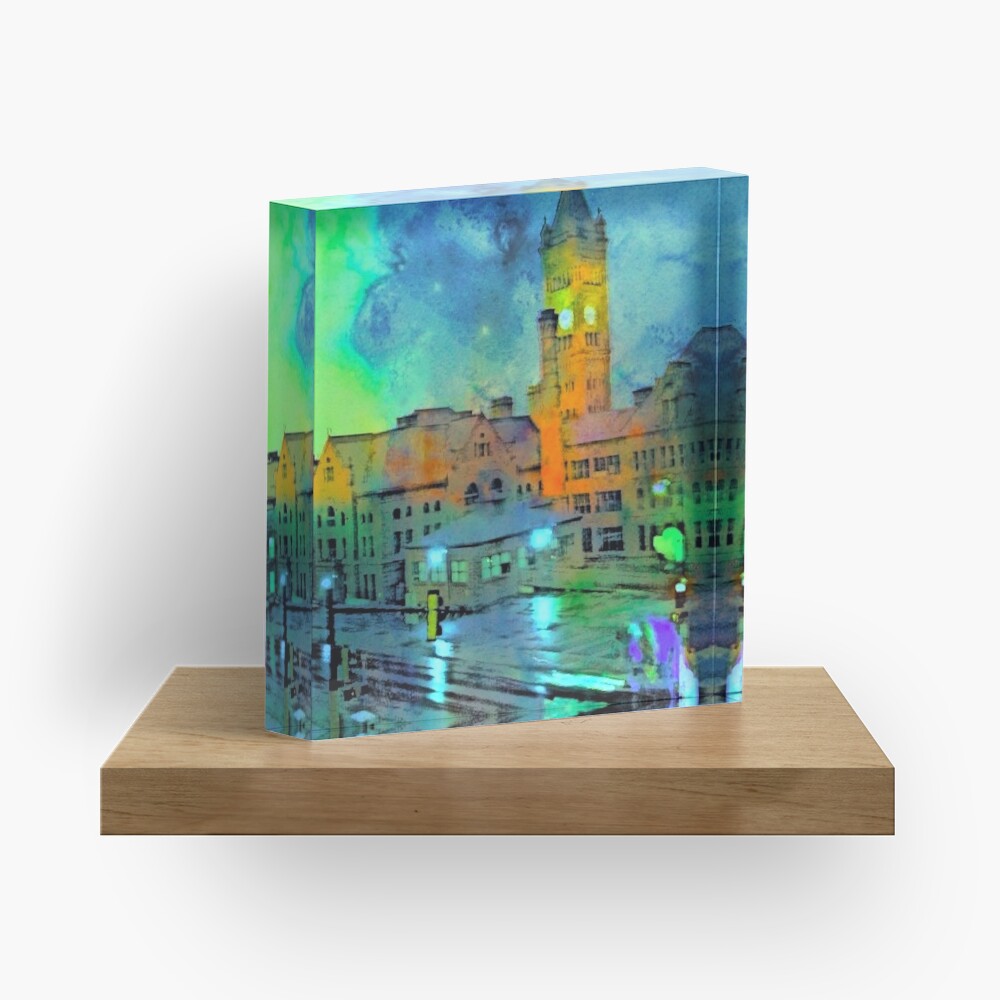 Clock Tower in Rain Acrylic Block