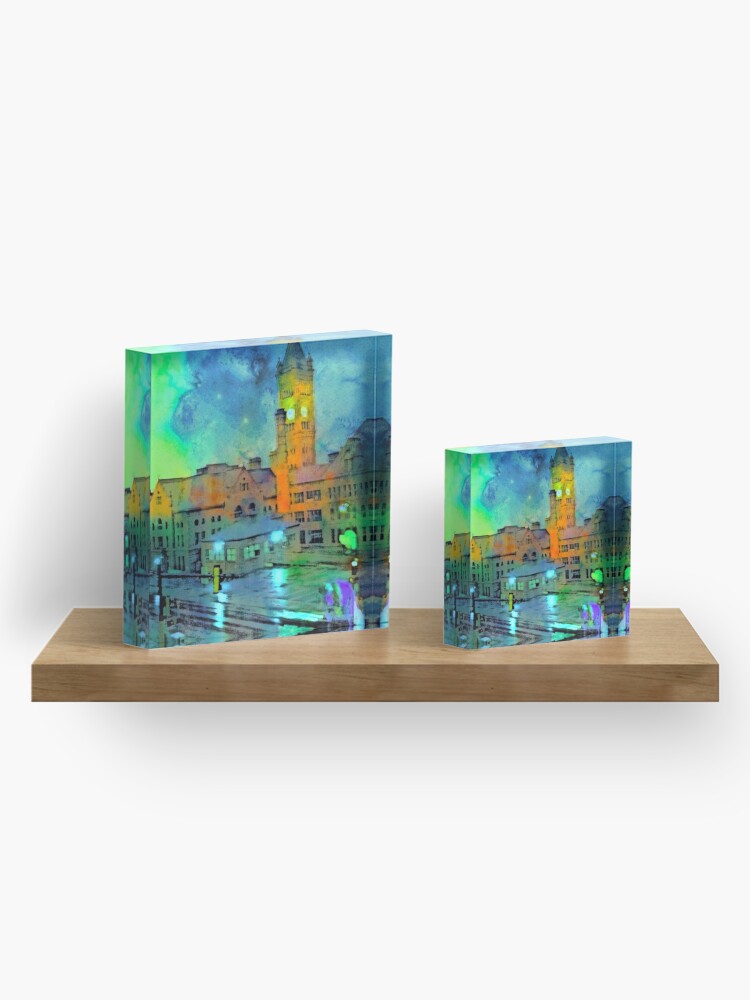 Alternate view of Clock Tower in Rain Acrylic Block