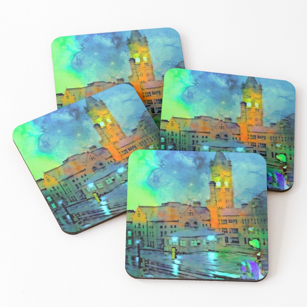 Clock Tower in Rain Coasters (Set of 4)