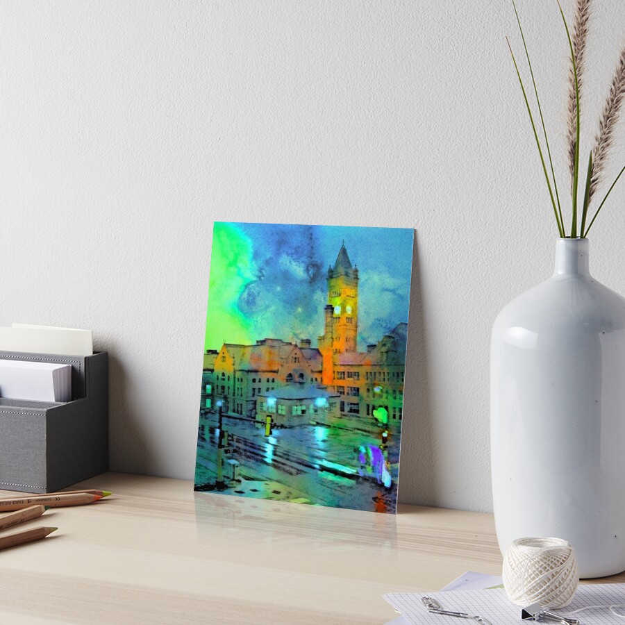 Clock Tower in Rain Art Board Print