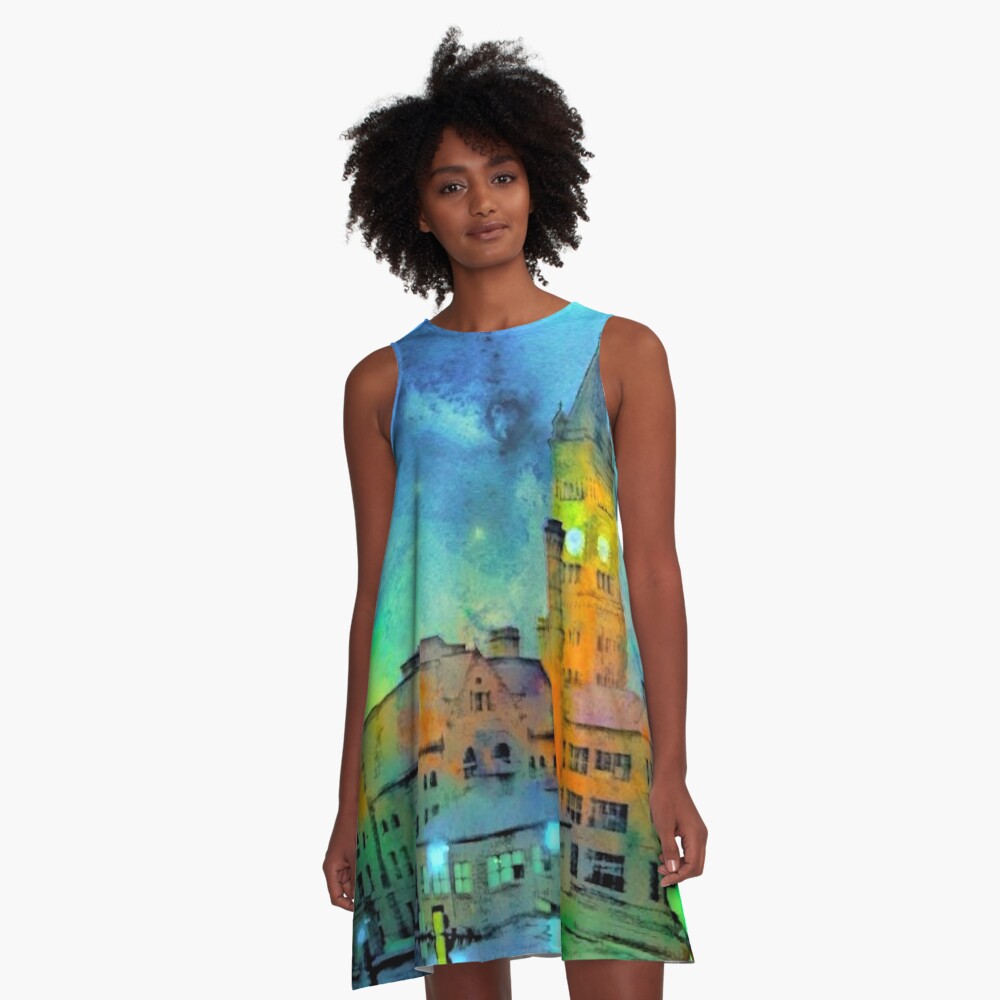 Clock Tower in Rain A-Line Dress