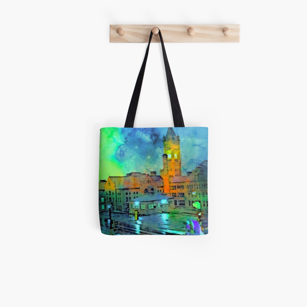 Clock Tower in Rain Tote Bag