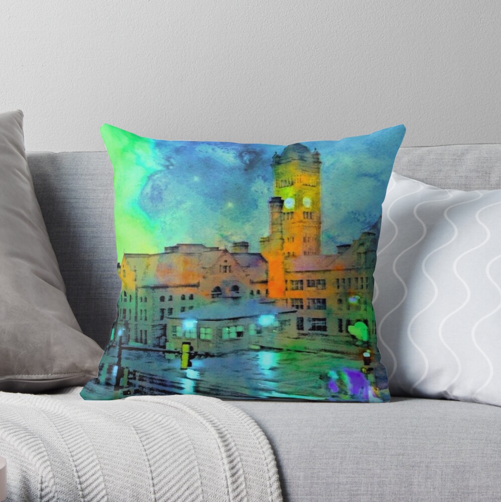 Clock Tower in Rain Throw Pillow