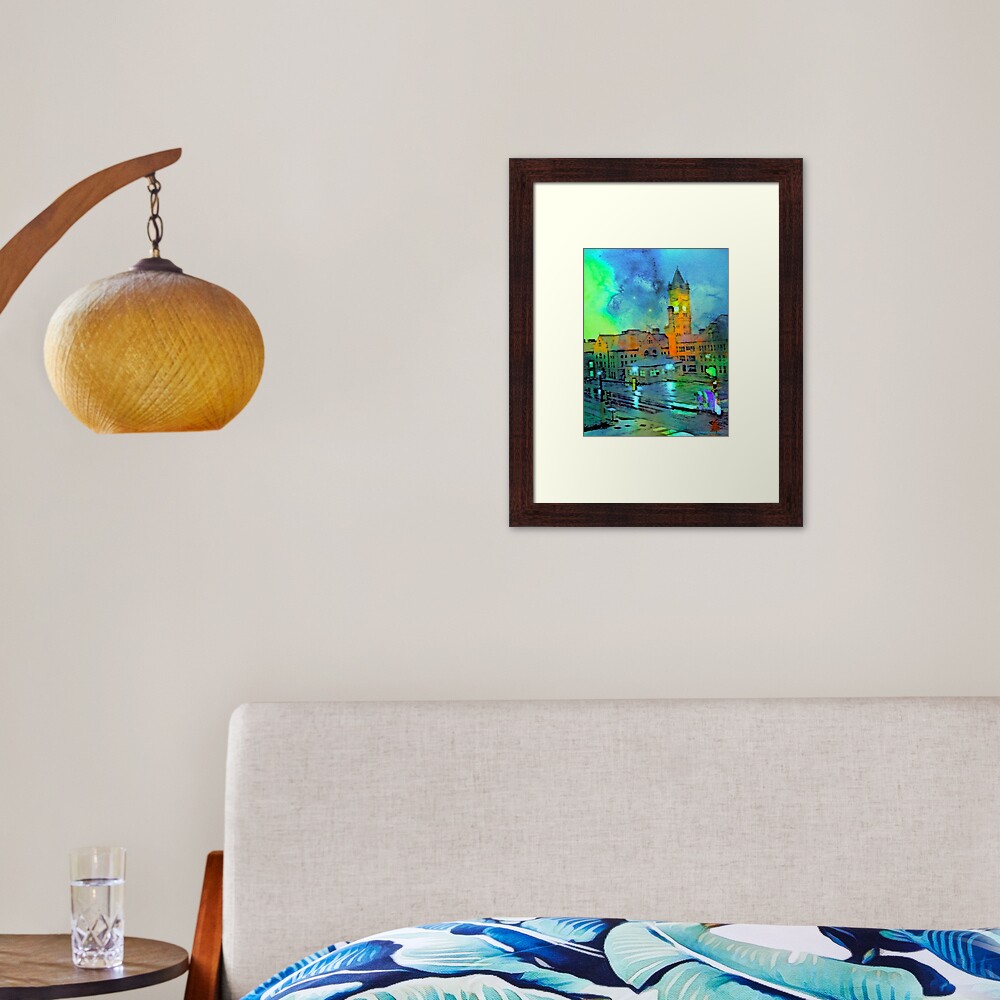 Clock Tower in Rain Framed Art Print