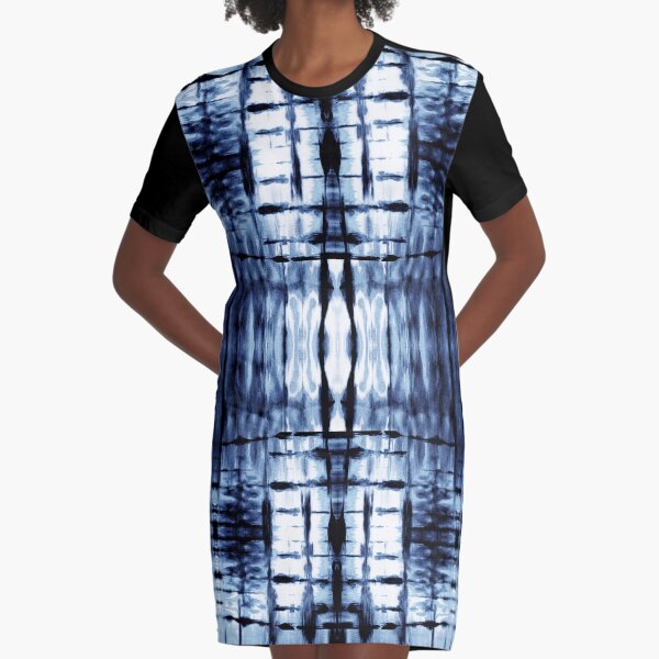 Blue Shibori Plaid Graphic T-Shirt Dress