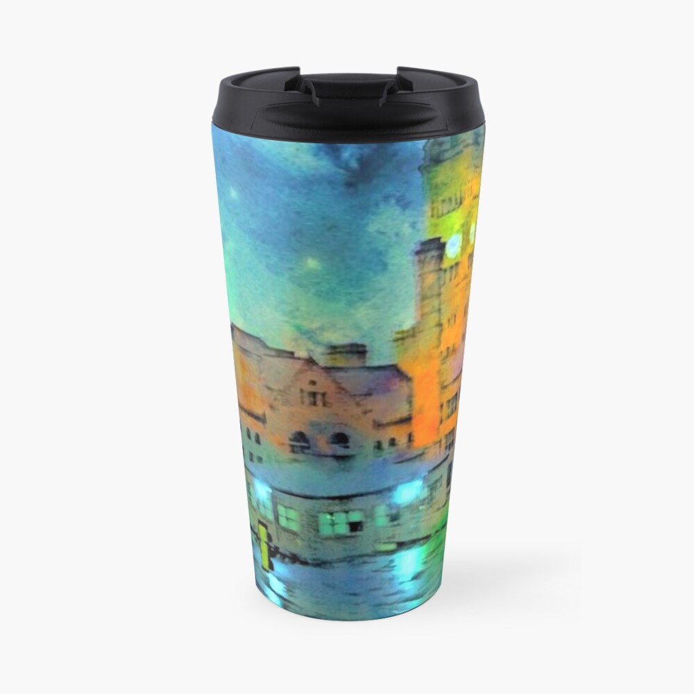 Clock Tower in Rain Travel Mug