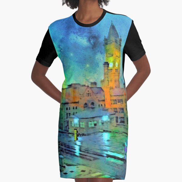 Clock Tower in Rain Graphic T-Shirt Dress