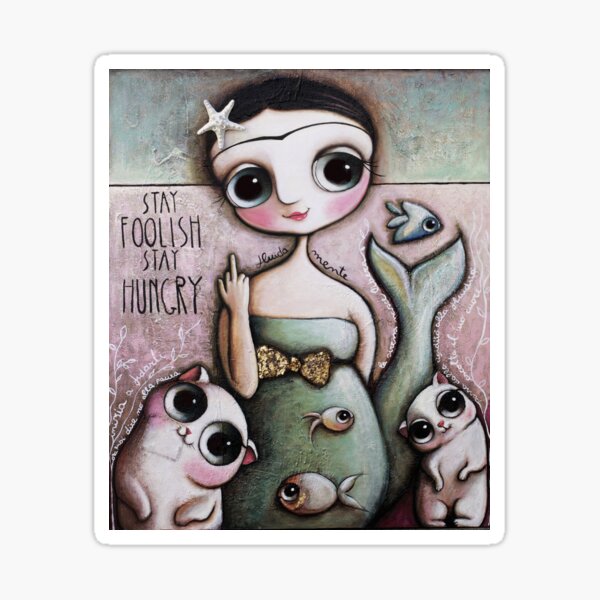 Mermaid middle finger, with big eyes and cats, art by Margherita Arrighi Sticker