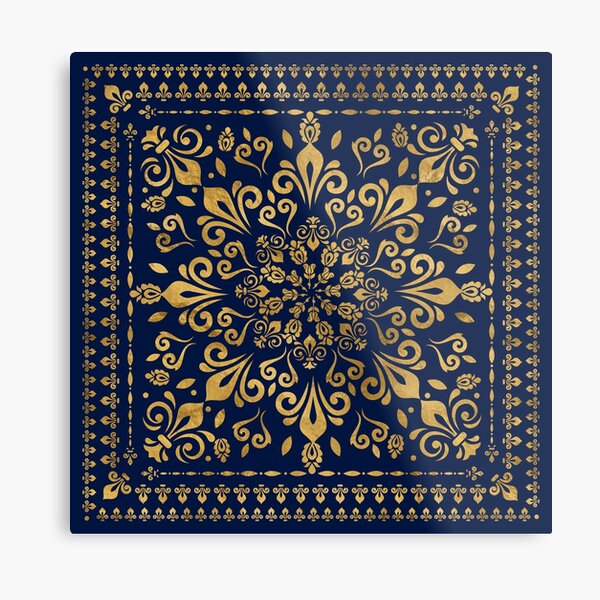 Oriental Damask Ornament - Gold on dark blue #3 Metal Print