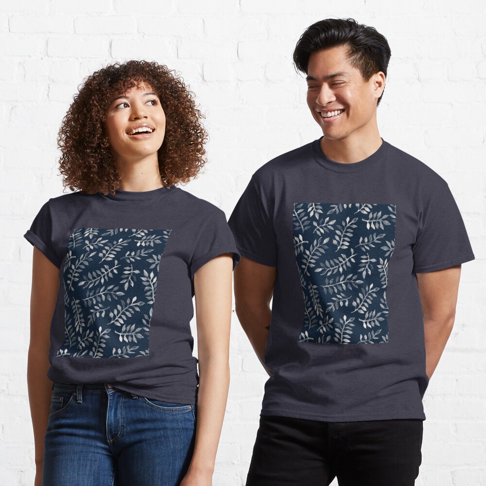White Leaves on Navy - a hand painted pattern Classic T-Shirt