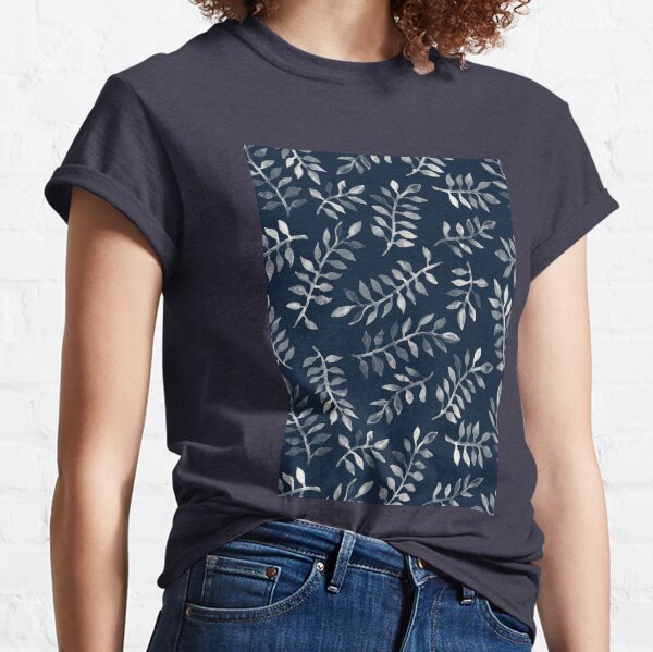 Weiße Blätter auf Marine - ein handgemaltes Muster Classic T-Shirt