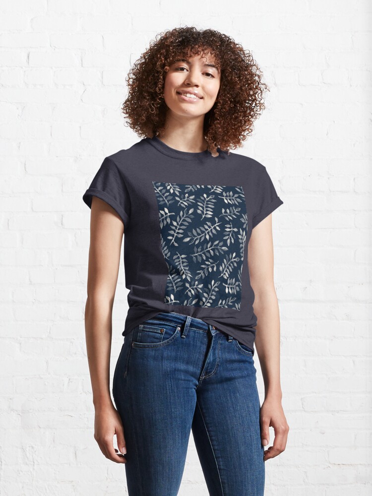 Alternate view of White Leaves on Navy - a hand painted pattern Classic T-Shirt
