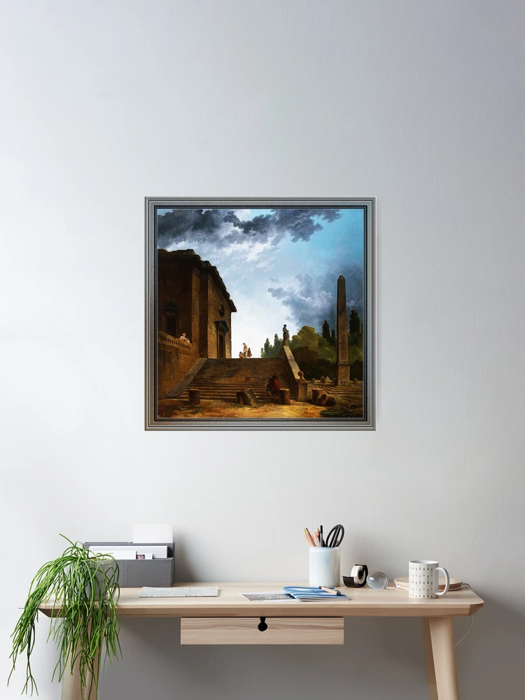 Poster, Landscape with a Stairs and Obelisk by Hubert Robert  Room Decor Poster Art Print