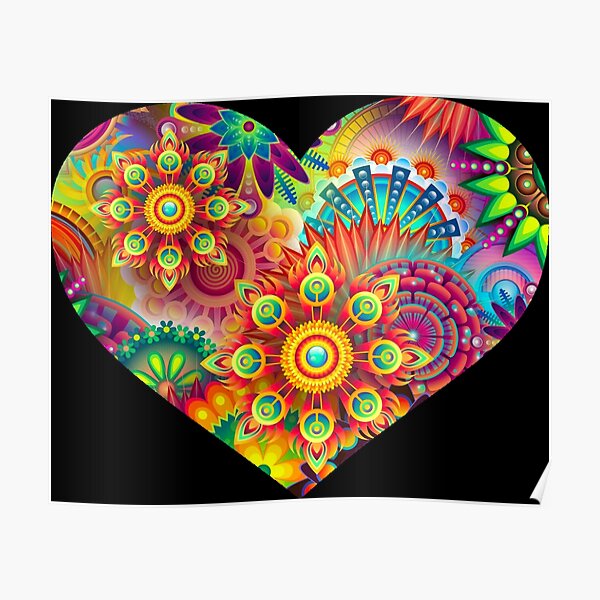 Killer Psychedelic Black Light Flowers Rave Heart Poster